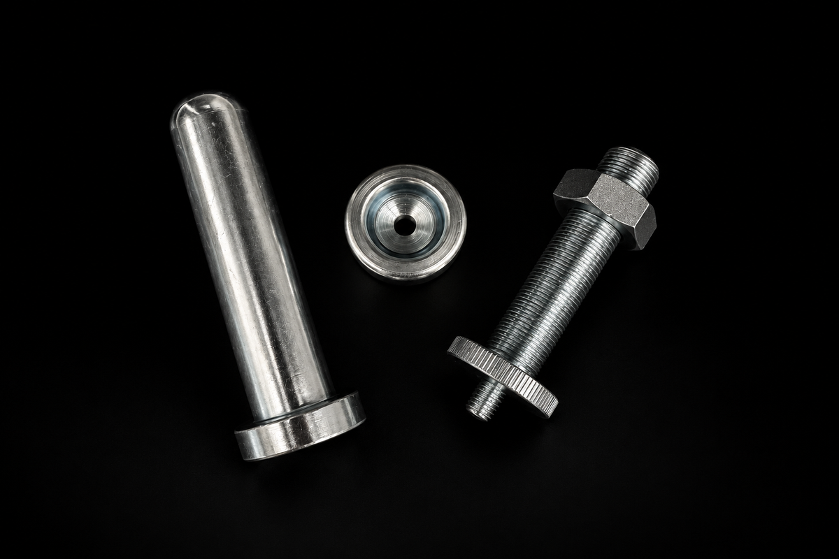 GAEP metal arbor, washer and threaded mounting component on black