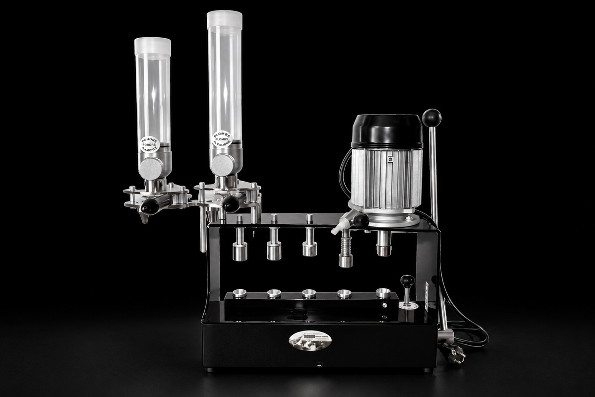 GAEP Master Plus press with two hoppers and motor on a black background