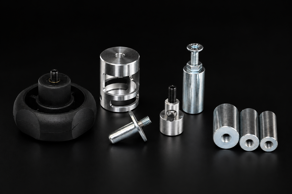 GAEP case trimmer kit components arranged on a black studio background